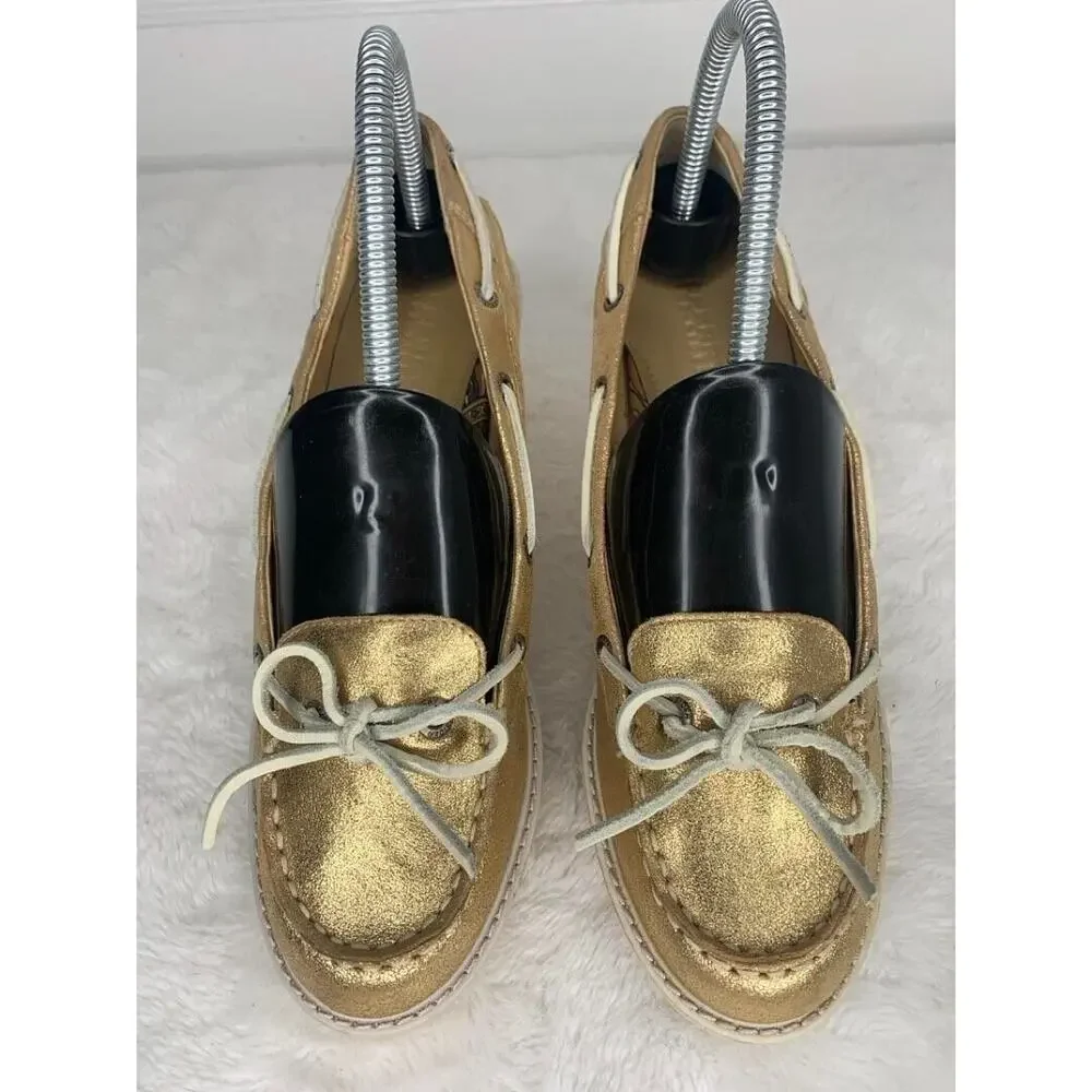 Sperry Womens Gold Metallic Wedge Boat Shoes Size 7.5M